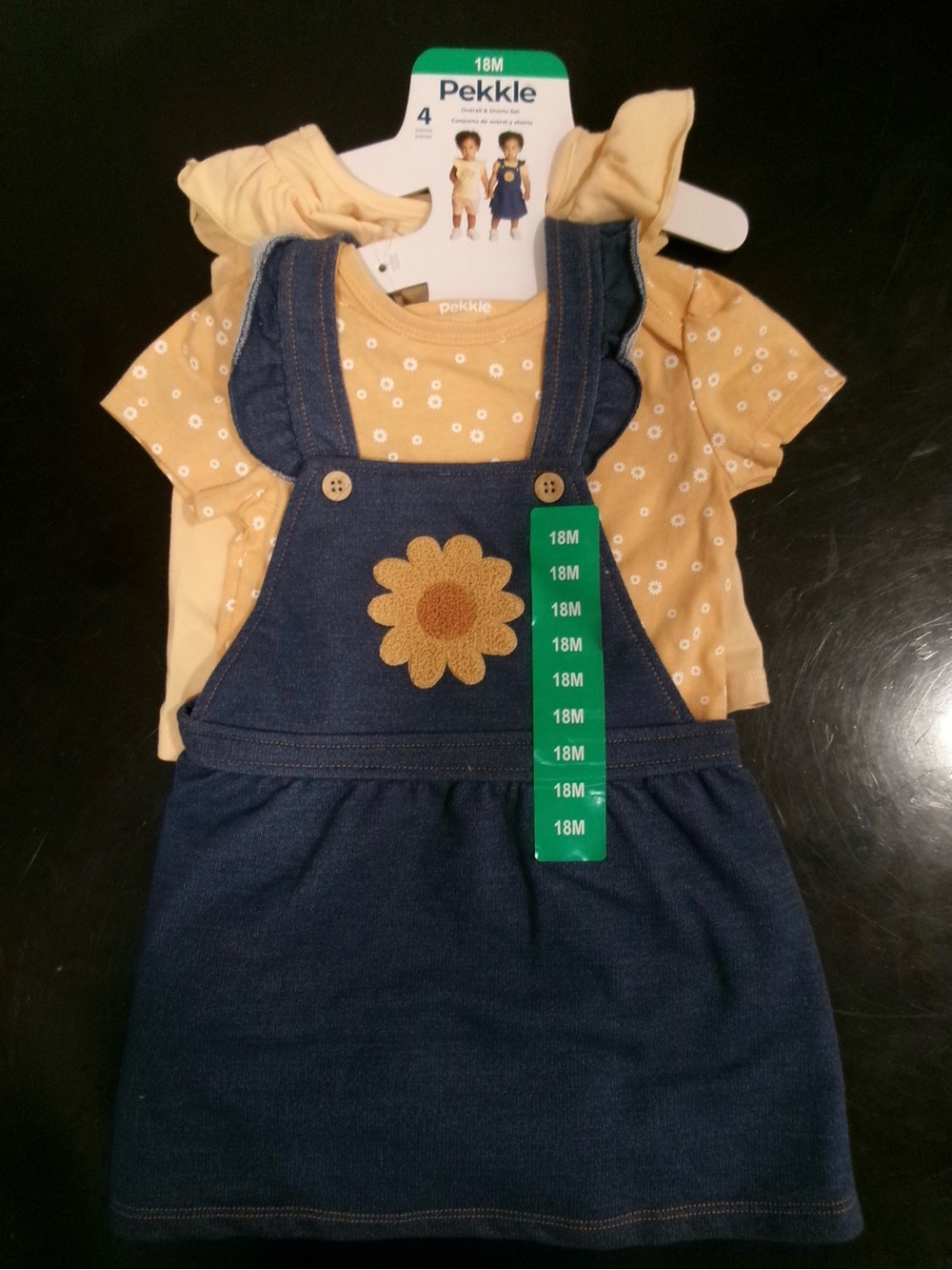 PekkIe 2-Piece Girls Yellow Floral Tee & Navy Overall Dress Set - 18M